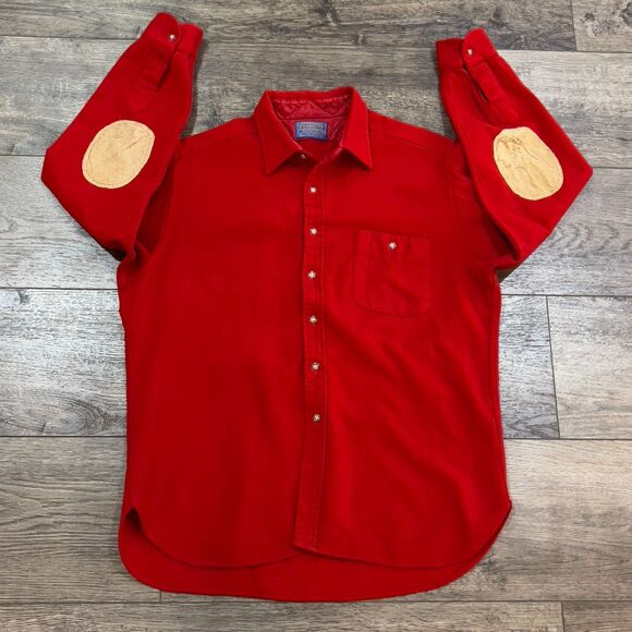 Vintage 60s/70s Pendleton Virgin Wool Red Flannel Shirt Leather Elbow Patches XL - Picture 1 of 8